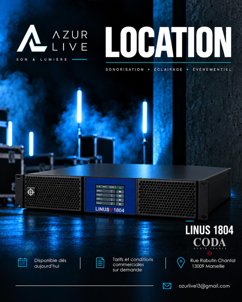 LINUS V1804 — Amplificateur numérique 4 canaux CODA Audio pour systèmes de sonorisation professionnels.